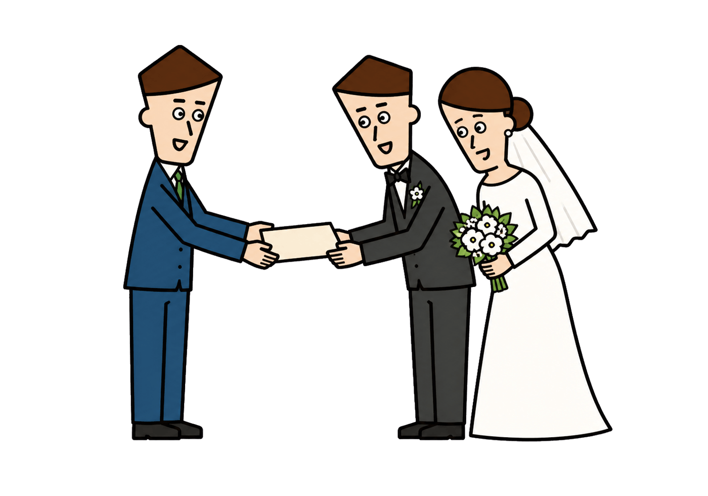 A wedding guest respectfully presents a blank money envelope to a newly married couple.