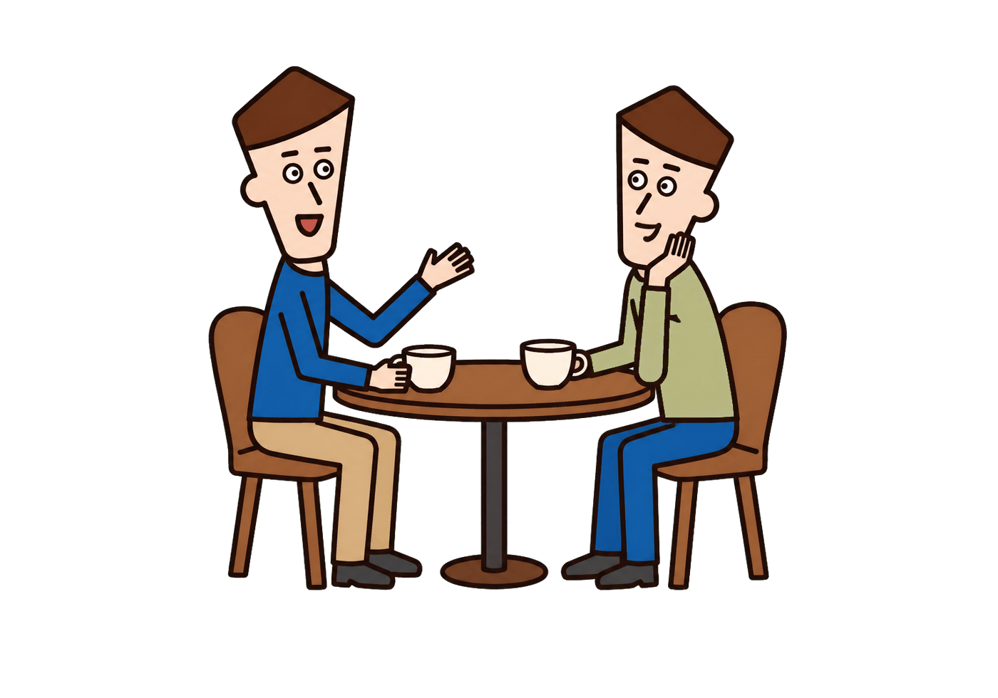Two friends warmly catch up over drinks at a small cafe table.