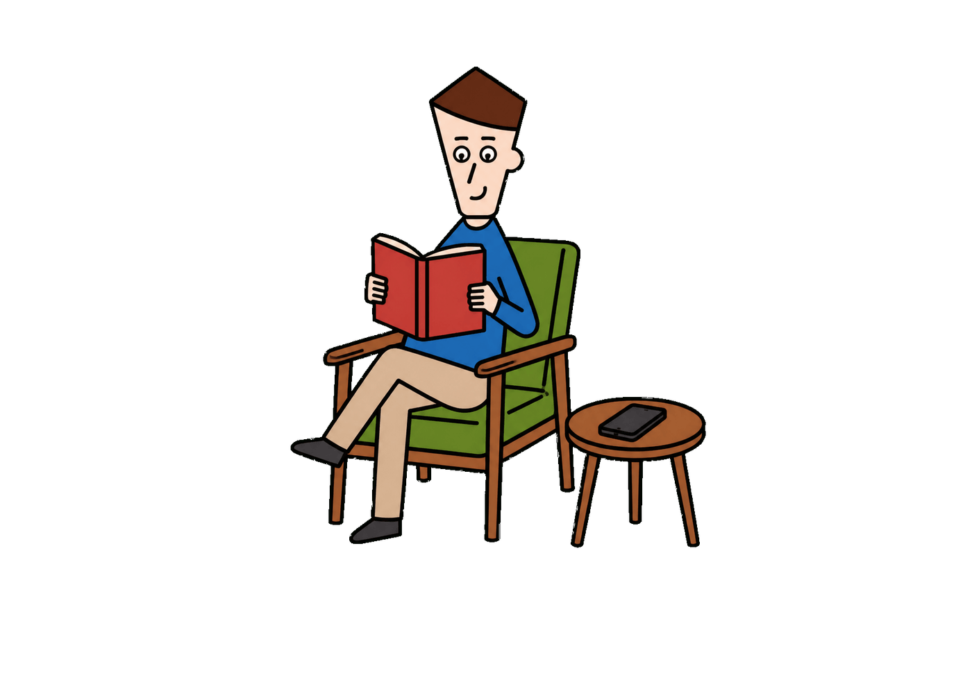 A relaxed reader sits comfortably while a silent smartphone rests on a nearby table.