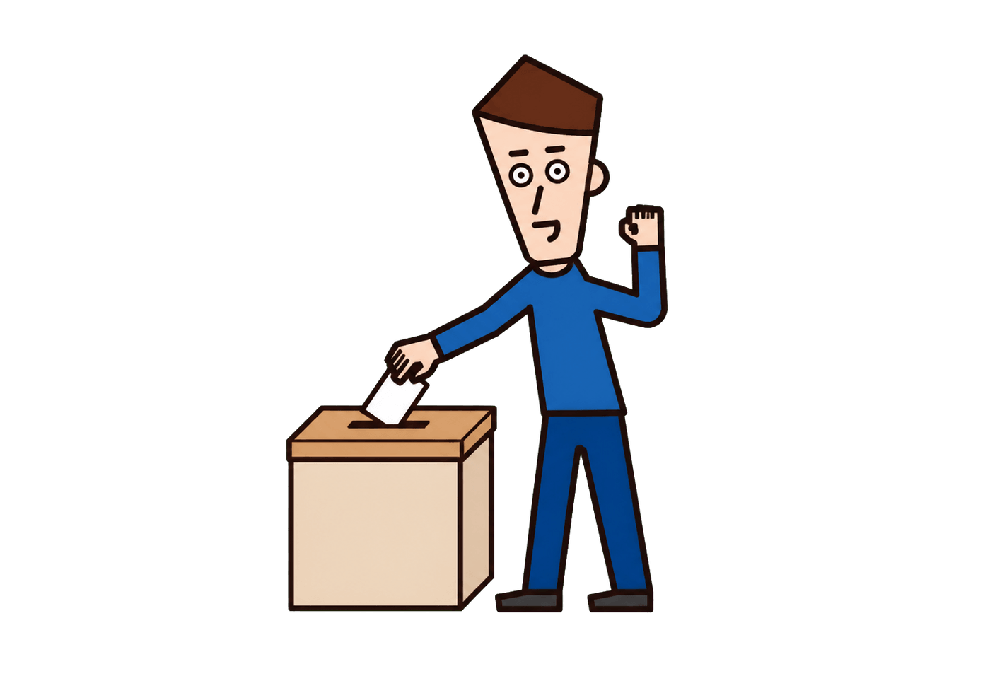 A cheerful voter places a blank ballot into a ballot box and celebrates finishing.