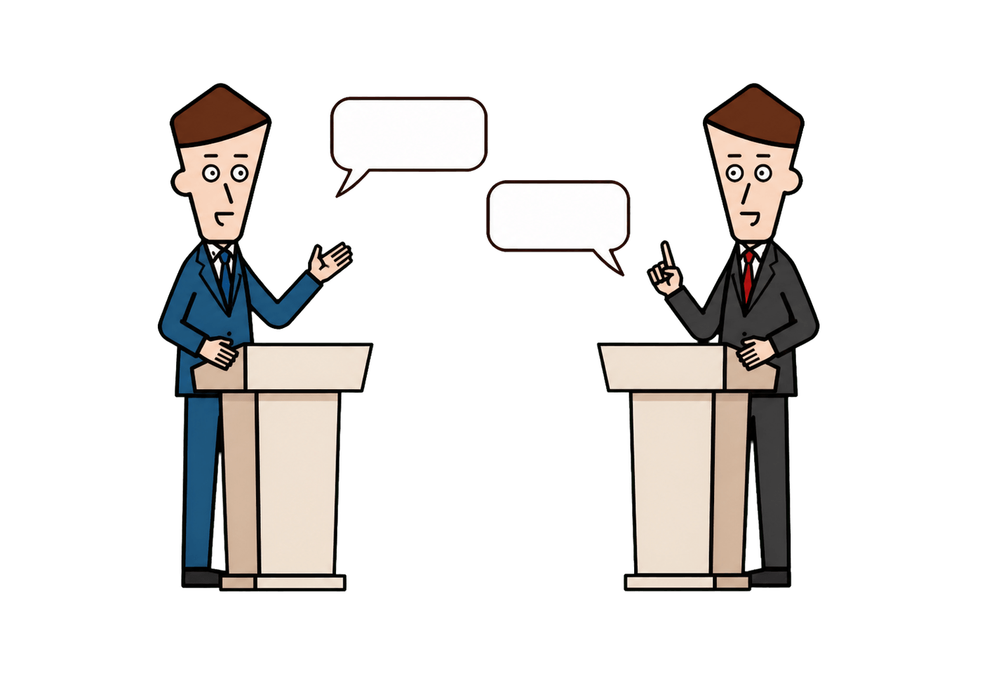 Two neutral fictional candidates exchange respectful arguments from blank podiums.