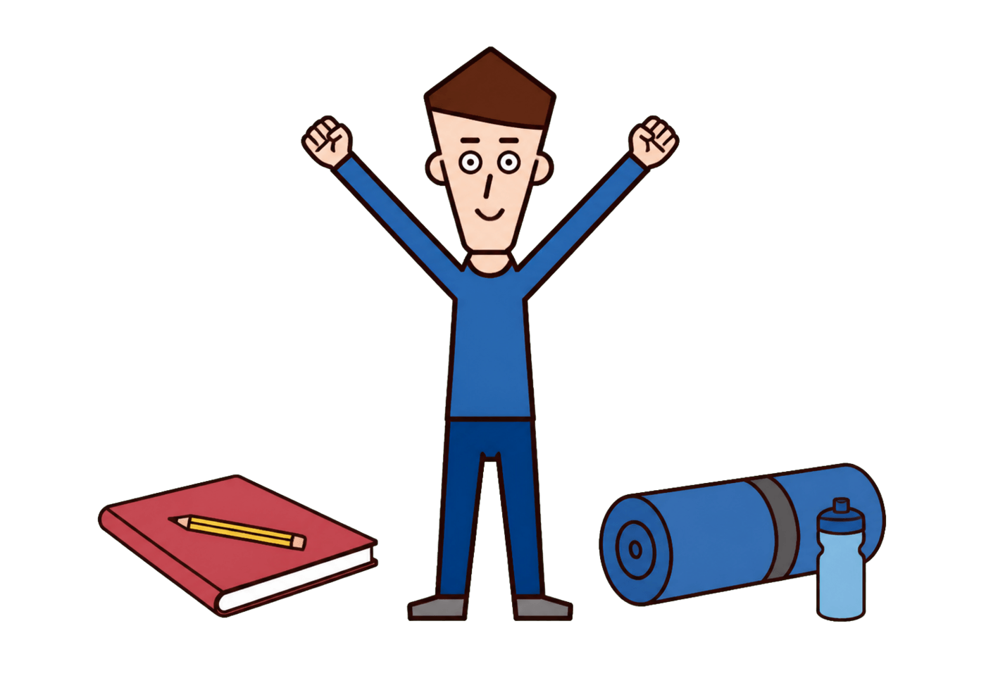 A learner celebrates after finishing homework and a workout.