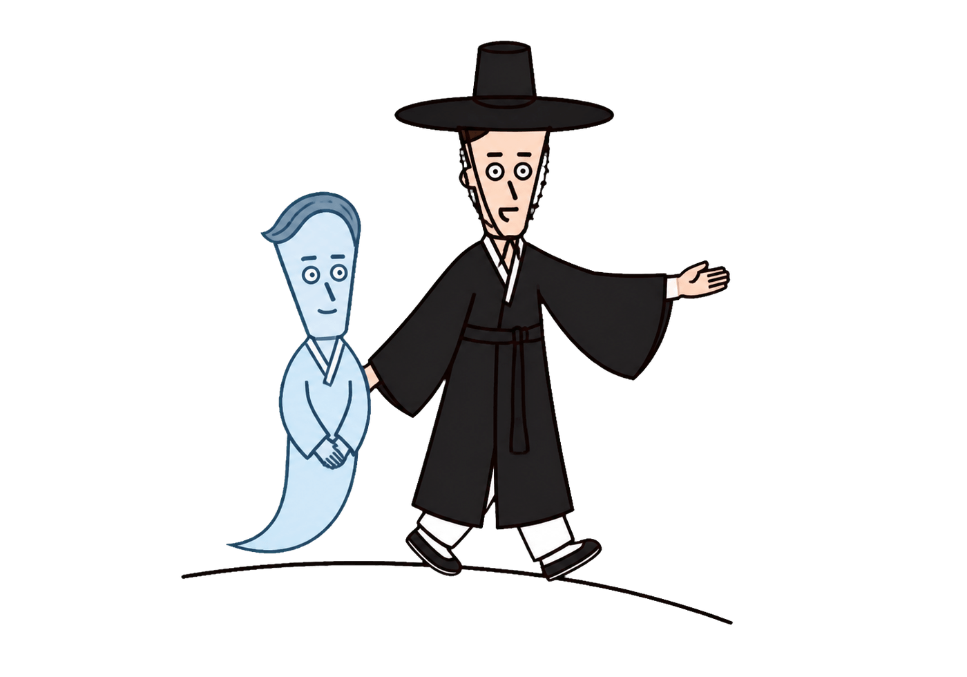 A traditional black-clad Korean grim reaper calmly guides a peaceful blue spirit onward.