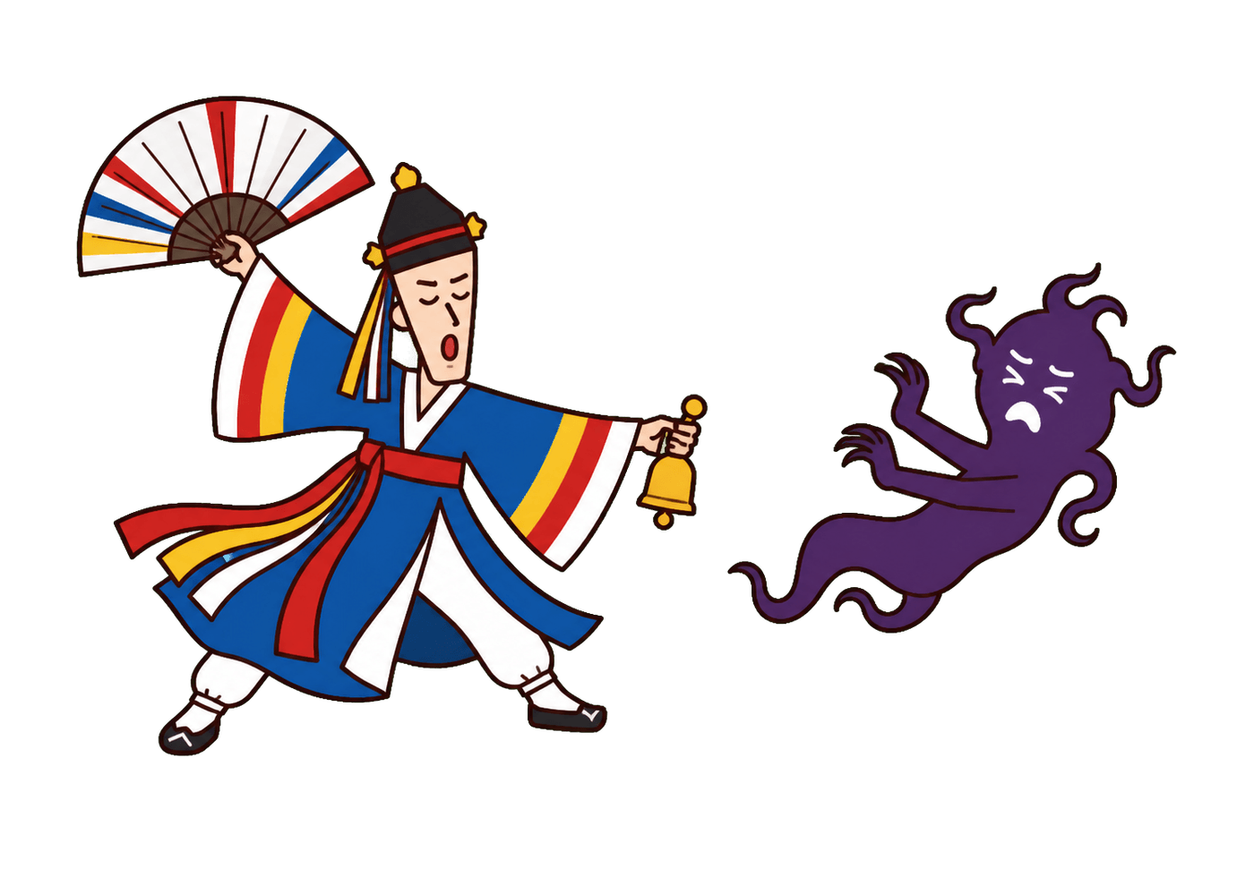 A Korean shaman dances with a fan and bell as a dark spirit retreats from the ritual.