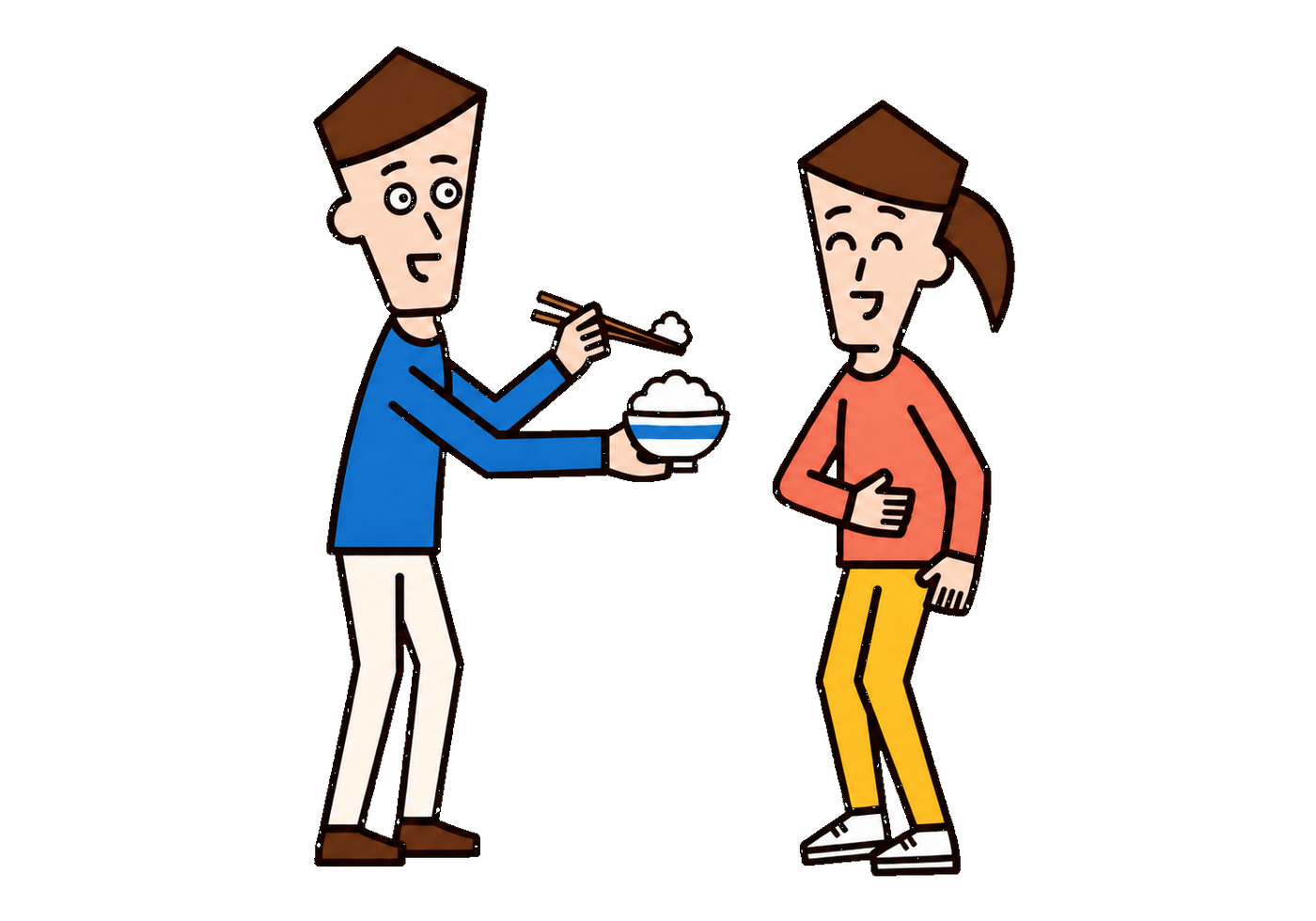 Two Korean friends share a caring check-in as one offers a bowl of rice and the other touches her stomach.