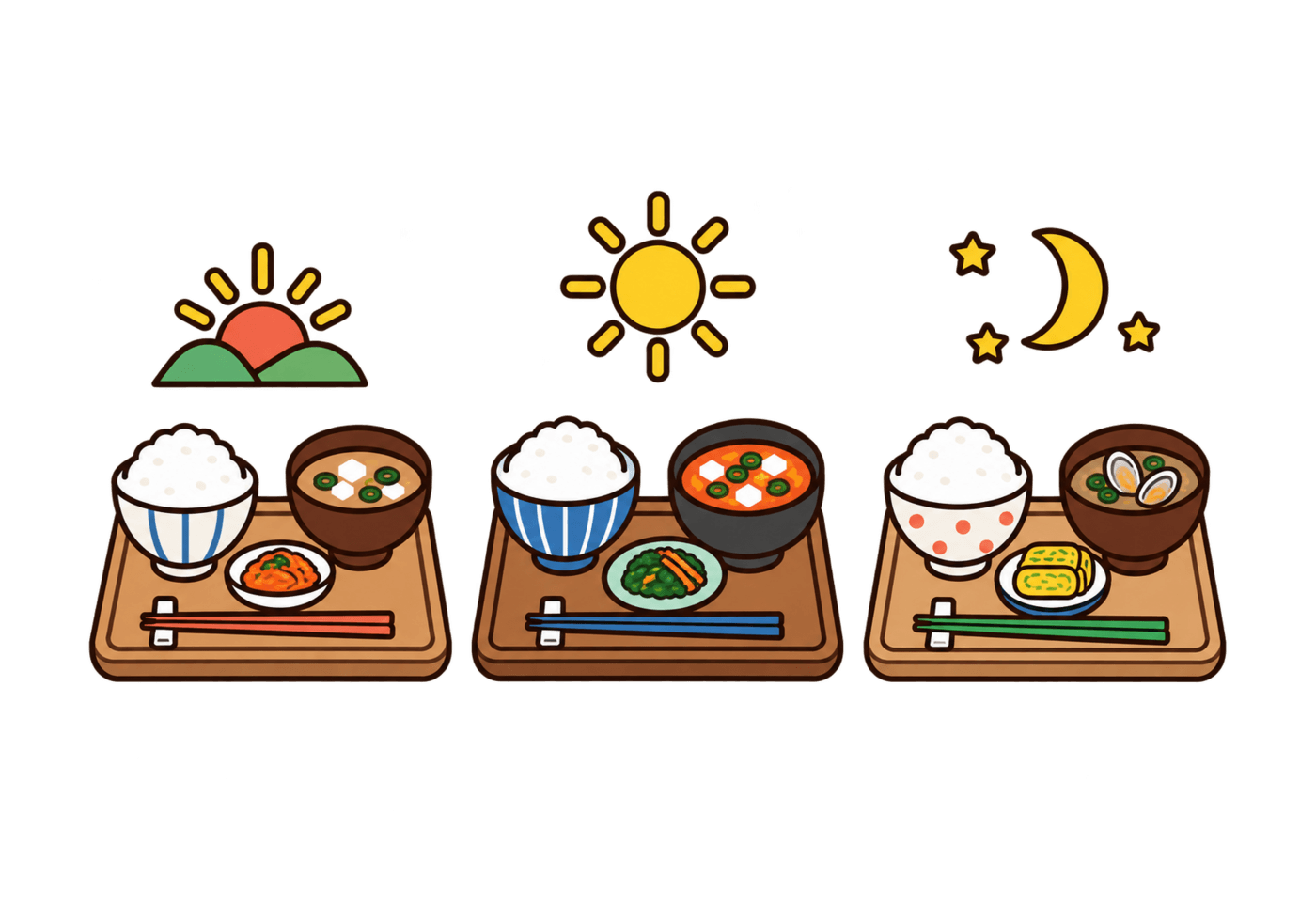 Three Korean meal settings paired with sunrise, midday sun, and moon symbols.