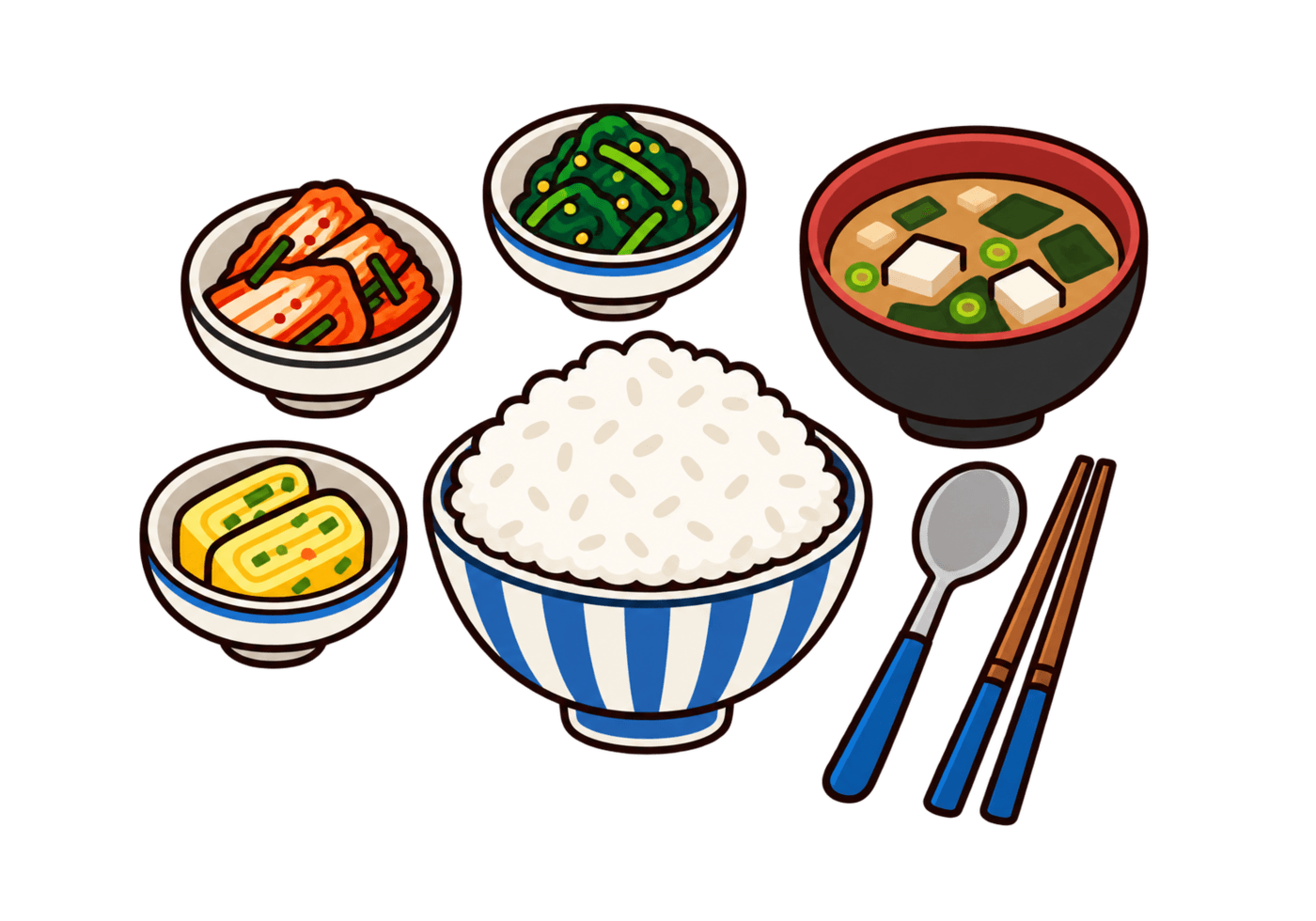 A large bowl of white rice surrounded by three side dishes, soup, a spoon, and chopsticks.