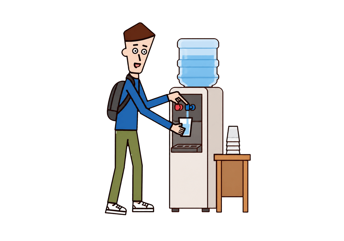 A learner fills a cup from a restaurant water dispenser beside a stack of cups.