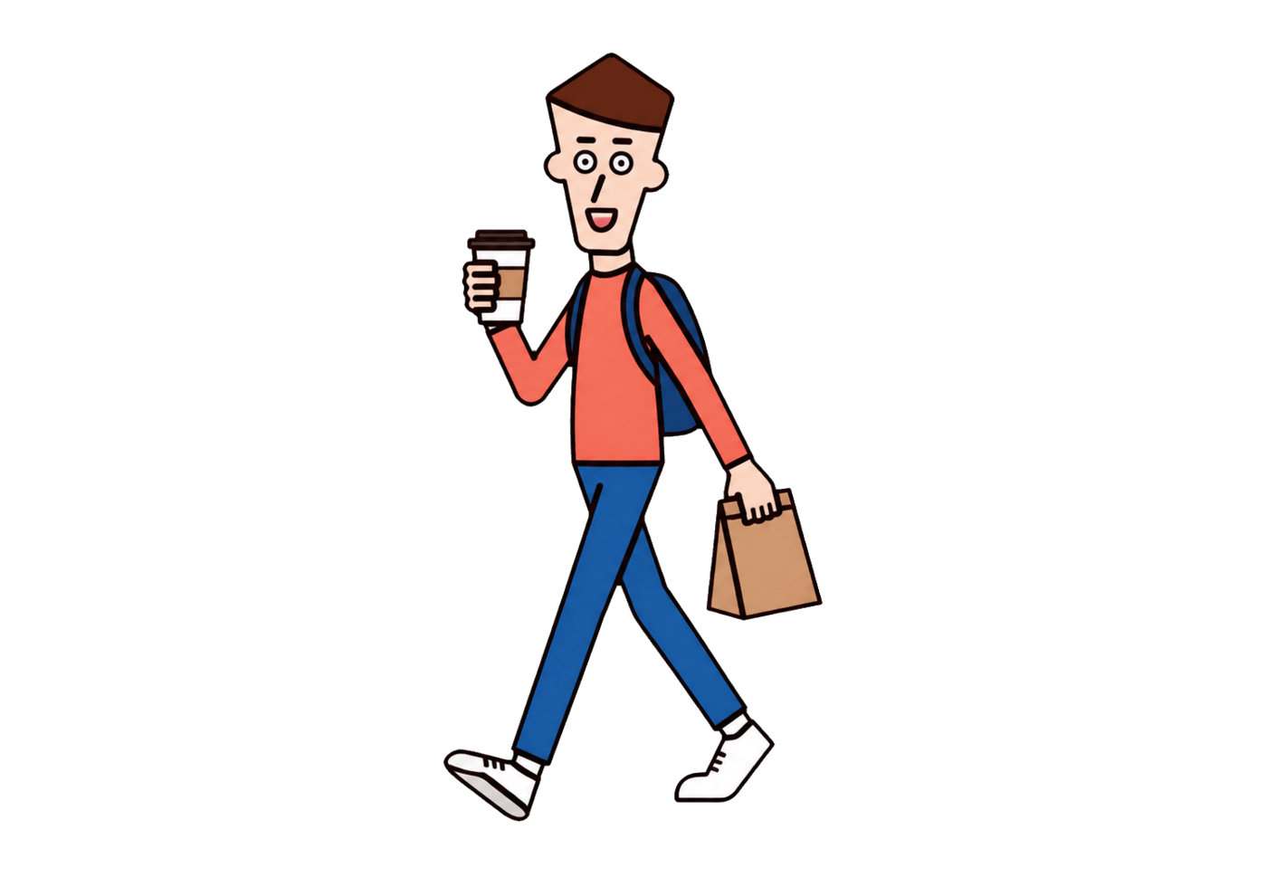 A cheerful traveler walks with a lidded coffee and a small paper takeout bag.