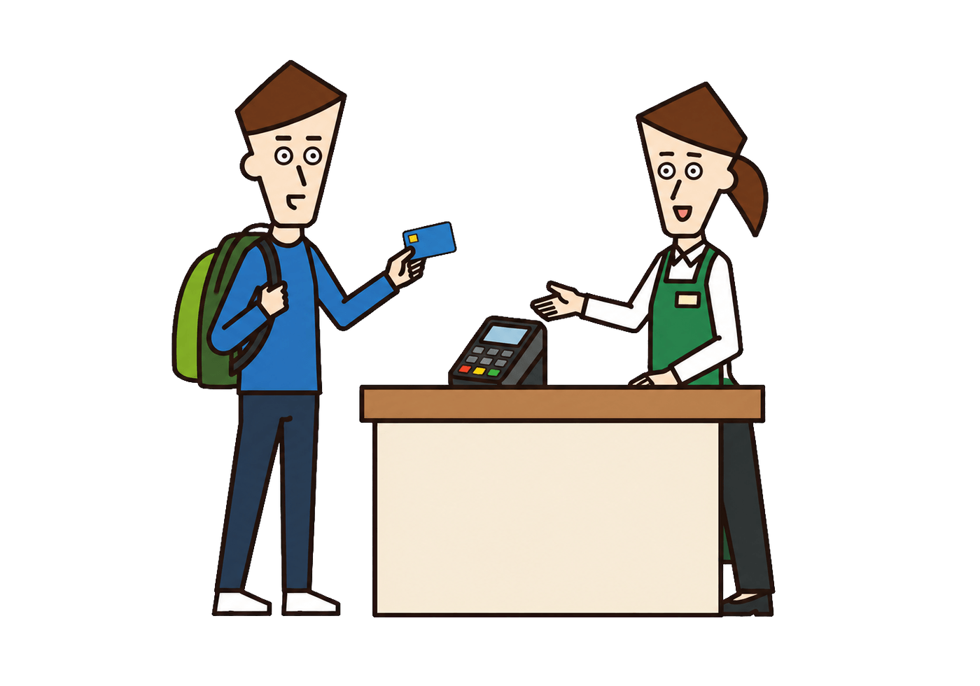 A traveler holds up a bank card while a cashier gestures toward a payment terminal.