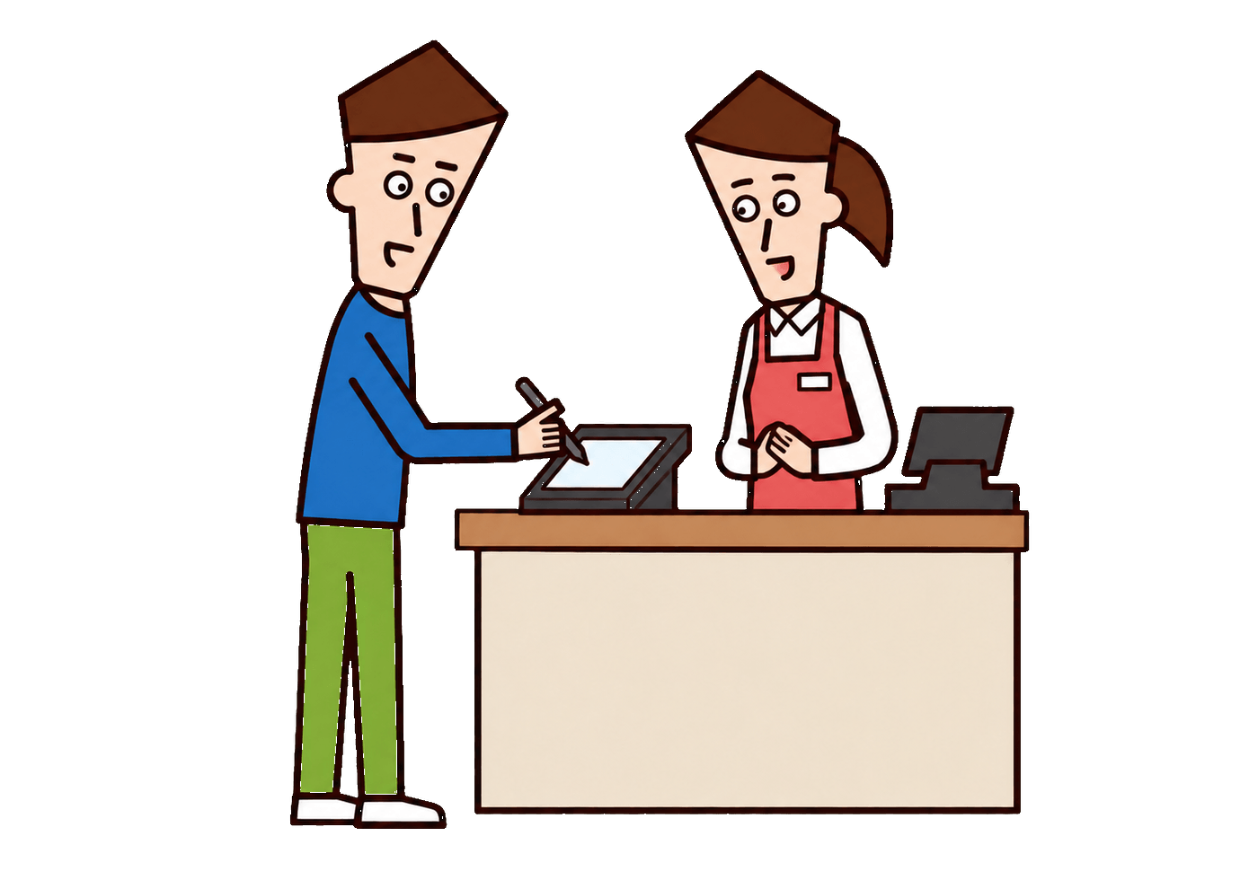 A customer signs a blank payment screen with a stylus while a cashier waits.