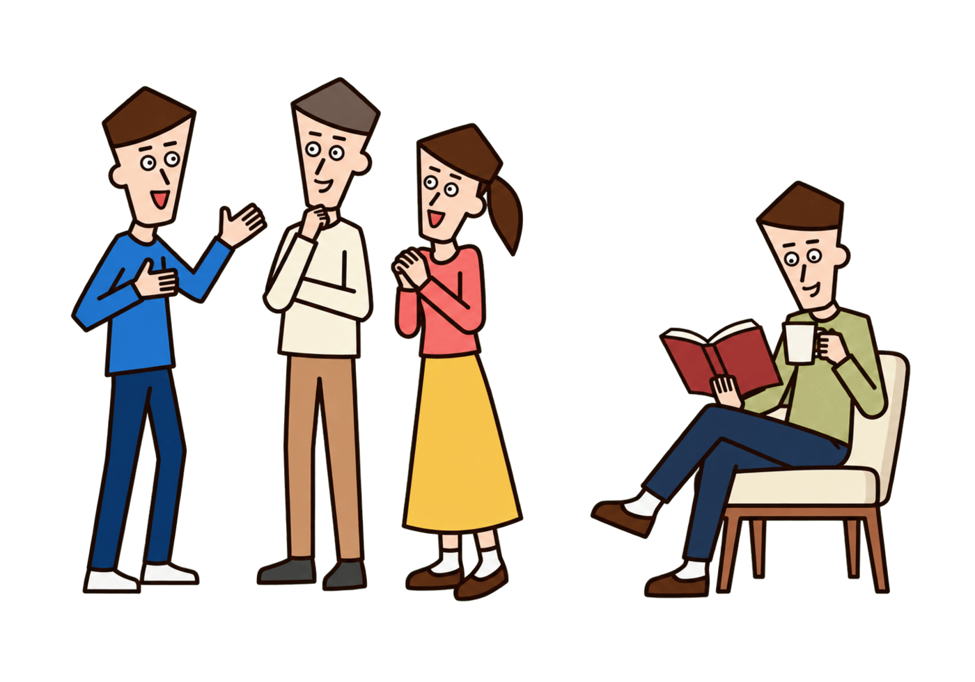 An outgoing person chats with friends while an introverted person reads comfortably nearby.