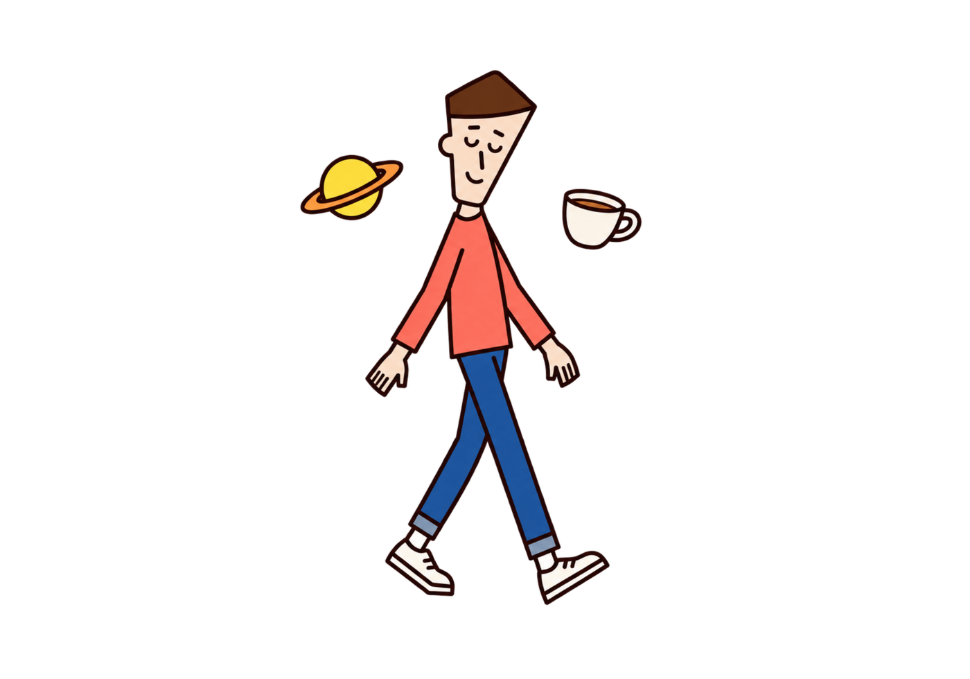 A dreamy person strolls with a small planet and teacup floating nearby.