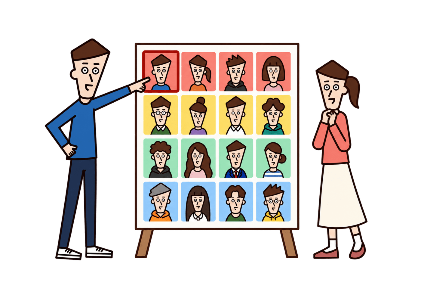 Two people identify one result on a chart of sixteen personality types.