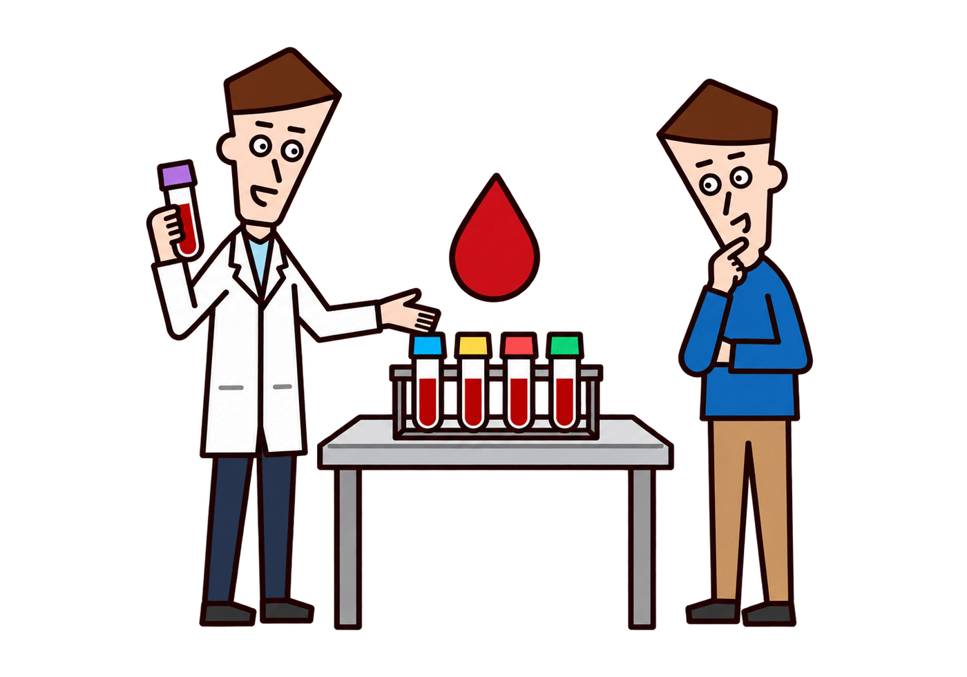 A lab technician shows a learner four blood samples and a large blood drop.